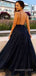 Sparkly Navy Blue A-line Long Evening Prom Dresses, Spaghetti Straps V-neck Prom Dress, MR8961