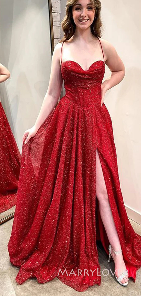 Sweetheart Red Sparkly Spaghetti Straps Long Evening Prom Dresses, A-line Side Slit Prom Dress, MR8962 Sweetheart Red Sparkly Spaghetti Straps Long Evening Prom Dresses, A-line Side Slit Prom Dress, MR8962