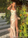 V-neck Satin Mermaid Side Slit Long Evening Prom Dresses, Strapless Prom Dress, MR8969