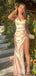 V-neck Satin Mermaid Side Slit Long Evening Prom Dresses, Strapless Prom Dress, MR8969