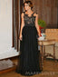 A-line Black Tulle Appliques Long Evening Prom Dresses, MR8972