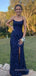 Spaghetti Straps Blue Sequins Side Slit Long Evening Prom Dresses, Mermaid Prom Dress, MR8977
