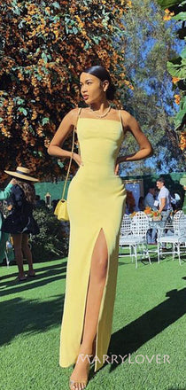 Spaghetti Straps Yellow Mermaid Long Evening Prom Dresses, Side Slit Prom Dress, MR8978