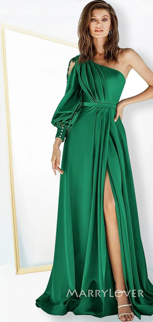 Emerald Green Satin A-line Side Slit Long Evening Prom Dresses, Long Sleeves Prom Dress, MR8981