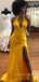 Mermaid Satin Halter Side Slit Long Evening Prom Dresses, V-neck Prom Dress, MR8988