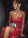 Red Satin A-line Spaghetti Straps Long Evening Prom Dresses, High Slit Prom Dress, MR8989