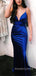 Royal Blue Satin Spaghetti Straps Long Evening Prom Dresses, Mermaid V-neck Prom Dress, MR8992