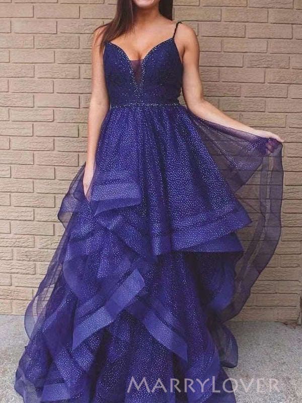 Spaghetti Straps Blue Sparkly V-neck Long Evening Prom Dresses, A-line Prom Dress, MR8993