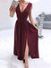 A-line Burgundy Side Slit Long Evening Prom Dresses, Deep V-neck Prom Dress, MR8995