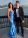 Blue Satin Spaghetti Straps Long Evening Prom Dresses, Mermaid V-neck Prom Dress, MR8998