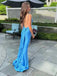 Blue Satin Spaghetti Straps Long Evening Prom Dresses, Mermaid V-neck Prom Dress, MR8998