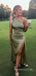 One Shoulder Sage Green Satin Mermaid Long Evening Prom Dresses, High Slit Prom Dress, MR9005