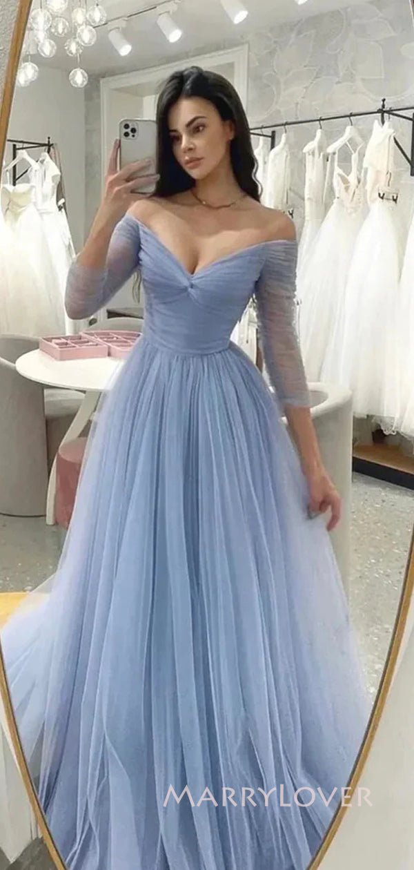 Off Shoulder Blue Tulle A-line Long Evening Prom Dresses, Long Sleeves –  MarryLover