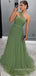 A-line Green Tulle Long Evening Prom Dresses, One Shoulder Prom Dress, MR9015