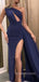 Navy Blue Sparkly Mermaid Side Slit Long Evening Prom Dresses, One Shoulder Prom Dress, MR9017