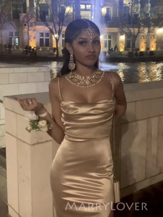 Mermaid Satin Spaghetti Straps Long Evening Prom Dresses, Side Slit Prom Dress, MR9018