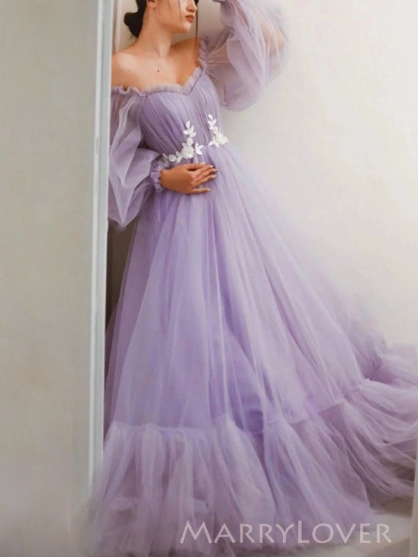 Lilac Tulle A-line Off Shoulder Long Evening Prom Dresses, Long Sleeves Prom Dress, MR9021