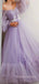 Lilac Tulle A-line Off Shoulder Long Evening Prom Dresses, Long Sleeves Prom Dress, MR9021