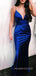 Mermaid Blue Satin V-neck Long Evening Prom Dresses, Spaghetti Straps Prom Dress, MR9025