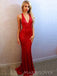 V-neck Red Sequins Mermaid Long Evening Prom Dresses, Backless Sparkly Prom Dress, MR9026