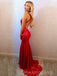 V-neck Red Sequins Mermaid Long Evening Prom Dresses, Backless Sparkly Prom Dress, MR9026