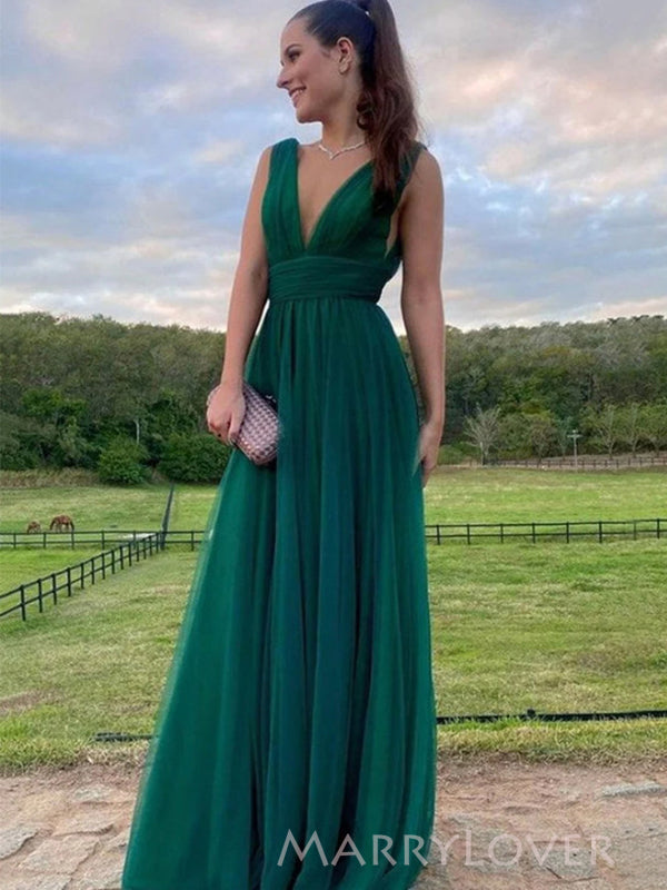 Deep V-neck Green A-line Long Evening Prom Dresses, MR9027