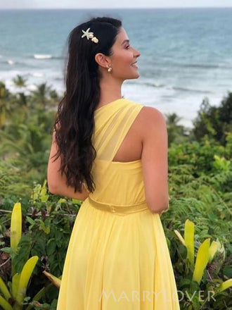 Yellow Chiffon A-line Side Slit Long Evening Prom Dresses, One Shoulder Prom Dress, MR9029