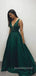 A-line Green Satin Sparkly Long Evening Prom Dresses, V-neck Prom Dress, MR9030