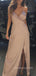 Rose Gold Satin Side Slit Long Evening Prom Dresses, Simple Spaghetti Straps Prom Dress, MR9042