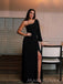 Long Sleeves Black Side Slit Long Evening Prom Dresses, One Shoulder Prom Dress, MR9043