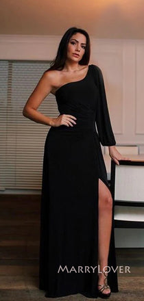 Long Sleeves Black Side Slit Long Evening Prom Dresses, One Shoulder Prom Dress, MR9043