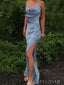 Simple Blue Satin Mermaid Long Evening Prom Dresses, Spaghetti Straps Prom Dress, MR9046