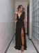 Deep V-neck Black Chiffon Long Evening Prom Dresses, A-line High Slit Prom Dress, MR9047