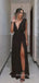 Deep V-neck Black Chiffon Long Evening Prom Dresses, A-line High Slit Prom Dress, MR9047