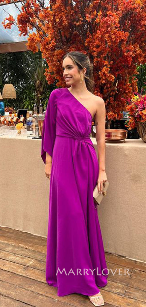 Purple Long Sleeves Long Evening Prom Dresses, One Shoulder Prom Dress, MR9066
