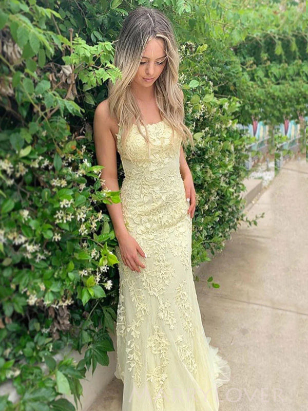 Yellow Tulle Appliques Mermaid Spaghetti Straps Long Evening Prom Dresses, MR9070