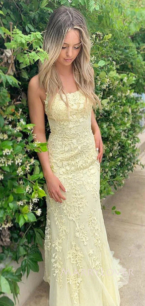 Yellow Tulle Appliques Mermaid Spaghetti Straps Long Evening Prom Dresses, MR9070