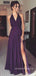 A-line Purple Halter Side Slit Long Evening Prom Dresses, MR9073