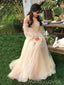 Gorgeous Champagne Tulle A-line Tulle Long Evening Prom Dresses, Off Shoulder Long Sleeves Wedding Dress, MR9074
