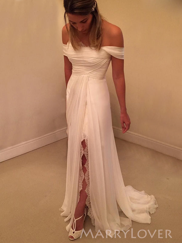 Off Shoulder A-line White Chiffon Lace Long Evening Prom Dresses, Side Slit Wedding Dress, MR9075