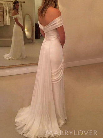 Off Shoulder A-line White Chiffon Lace Long Evening Prom Dresses, Side Slit Wedding Dress, MR9075