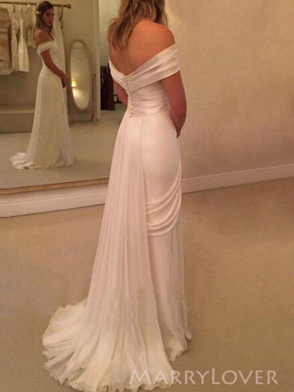 white chiffon off the shoulder dress A-Line Chiffon Sleeveless Off-the-Shoulder Wedding Dress with Ruching Floor Length, Diamond White / 4