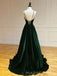 Formal A-line Dark Green Velvet V-neck Long Evening Prom Dresses, Spaghetti Straps Prom Dress, MR9076