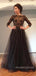 V-back Black Tulle Appliques A-line Long Evening Prom Dresses, Long Sleeves Prom Dress, MR9077