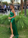 Simple Emerald Green Satin Mermaid Side Slit Long Evening Prom Dresses, One Shoulder Prom Dress, MR9082