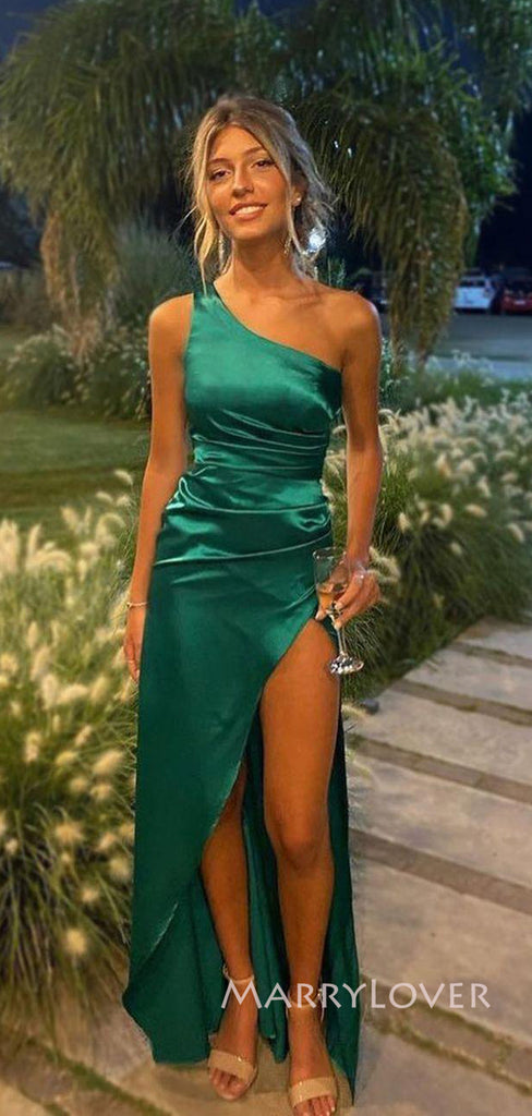 Simple Emerald Green Satin Mermaid Side Slit Long Evening Prom Dresses, One Shoulder Prom Dress, MR9082