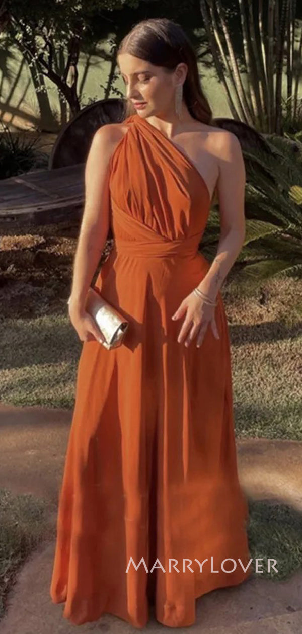 Popular Burnt Orange A-line One Shoulder Long Evening Prom Dresses, MR MarryLover Popular Burnt Orange A-line One Shoulder Long Evening Prom Dresses, MR MarryLover