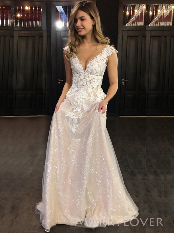 Sparkly Champagne A-line Tulle Appliques Long Evening Prom Dresses, V-neck Wedding Dress, MR9085