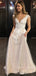 Sparkly Champagne A-line Tulle Appliques Long Evening Prom Dresses, V-neck Wedding Dress, MR9085