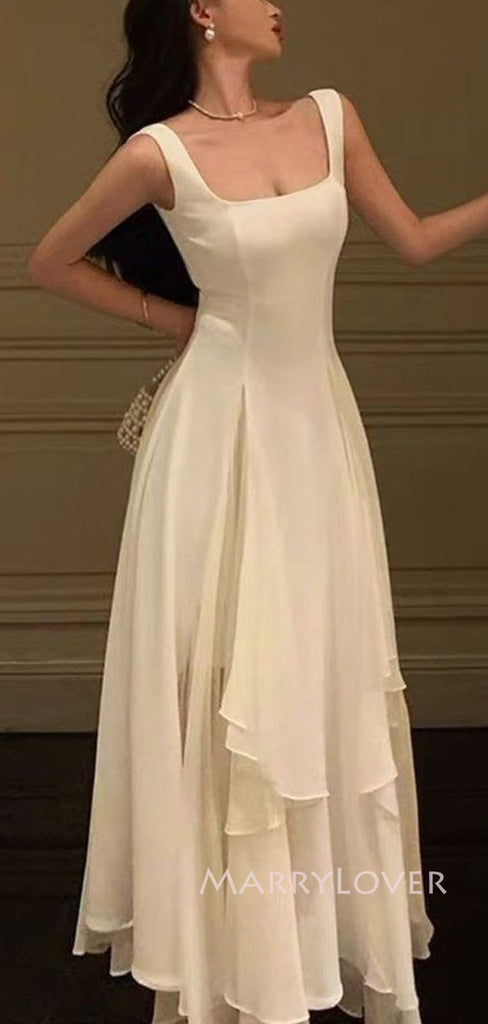 A-line White Chiffon Straps Long Evening Prom Dresses, MR9097